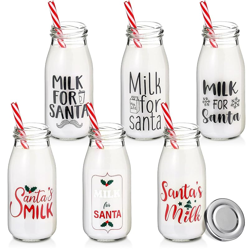 Christmas Glass Milk Bottles with Lids & Straws - 6x8 oz Set