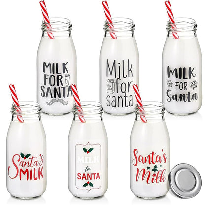 Christmas Glass Milk Bottles with Lids & Straws - 6x8 oz Set