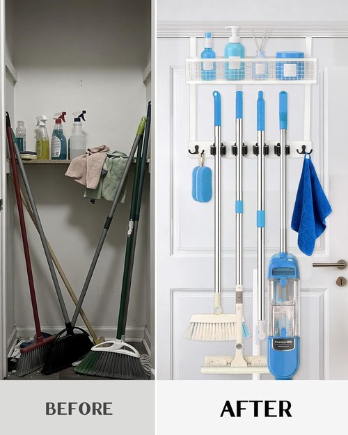 Lorbro Over The Door Broom Holder - No-Drill Wooden Mop Organizer with 4 Grips & 2 Hooks | Ideal for Laundry Room & Garage