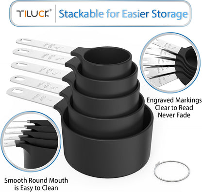 TILUCK Measuring Cups & Spoons Set - Stackable Kitchen Gadgets with Stainless Steel Handles | Black