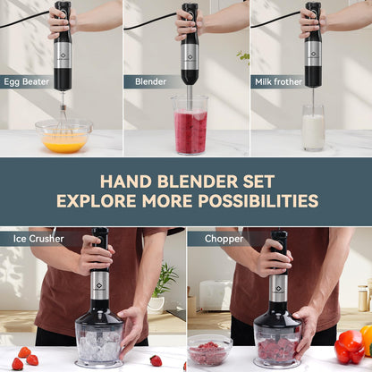 LINKChef 7 in 1 Immersion Blender Handheld, 800W Hand Blender Set, Scratch Resistant with 2 Titanium Steel Blades, 20 Speed and Turbo Mode, Includes Whisk, Milk Frother, Food Processor & Beaker