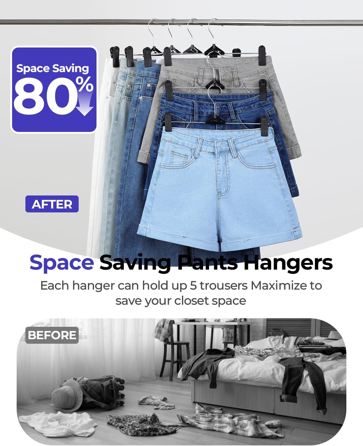 Northern Brothers Pants Hangers with Clips - 30 Pack Black | Space-Saving, Non-Slip Design for Jeans, Shorts, Skirts