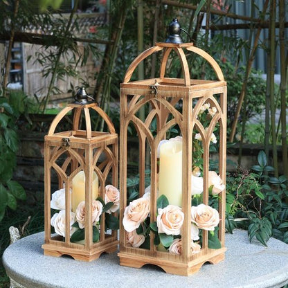 DECORKEY Large Wooden Lantern Set - Rustic Indoor & Outdoor Candle Holders | 30’’/20’’H, Natural Wood Finish
