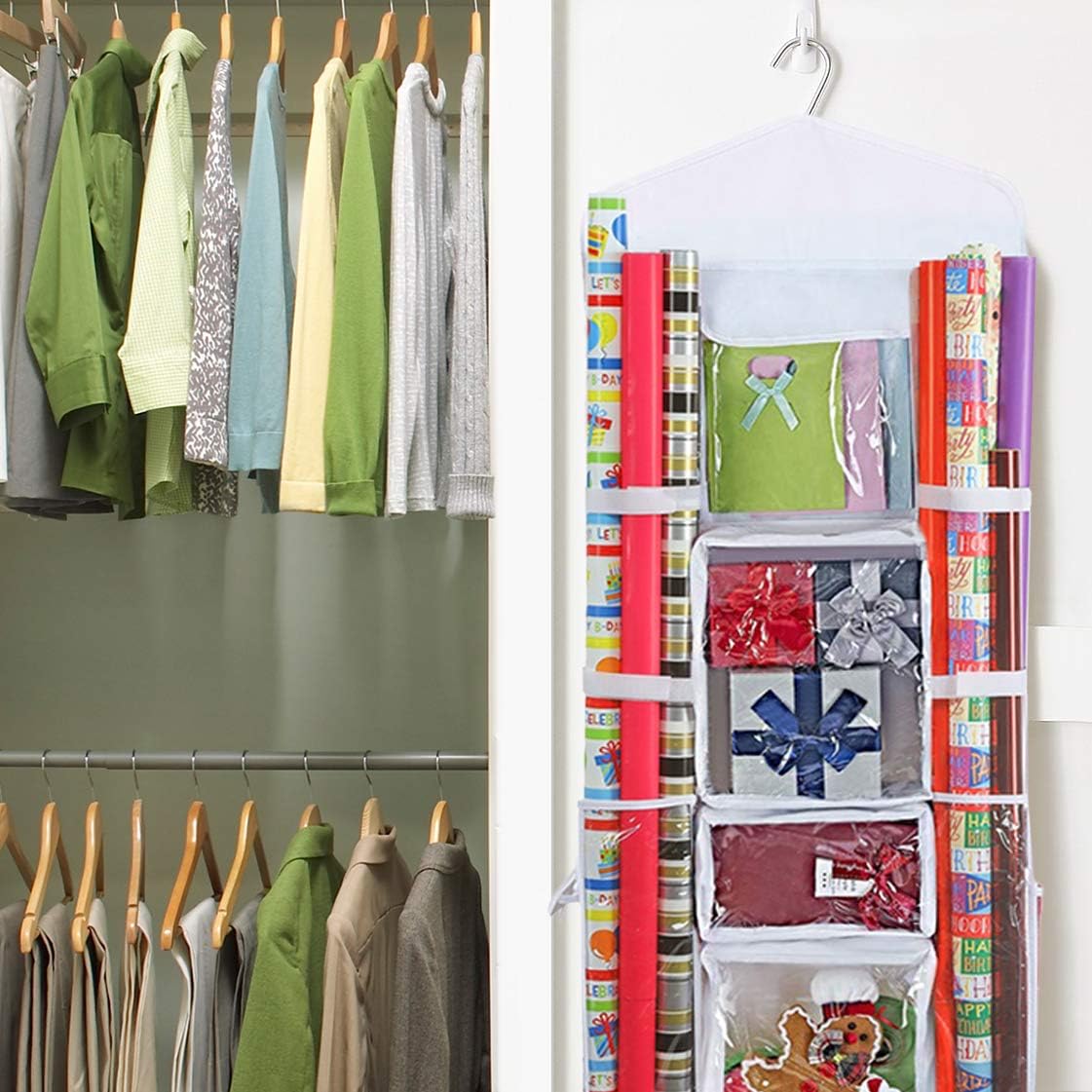 ProPik Wrapping Paper Storage Organizer - Double-Sided Design with Multiple Pockets | 40” x 17” (White)