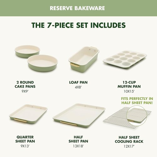 GreenPan Bakeware Set - 7 Piece Nonstick Ceramic Baking Sheets & Pans | PFAS & BPA Free, Sage Green