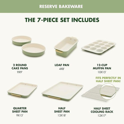 GreenPan Bakeware Set - 7 Piece Nonstick Ceramic Baking Sheets & Pans | PFAS & BPA Free, Sage Green