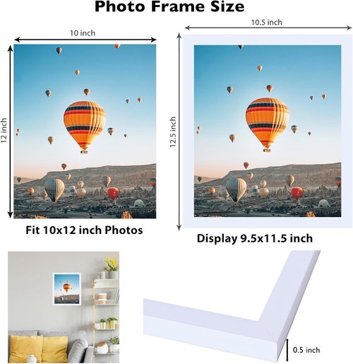 JCJMY 10x12 Picture Frame - White Wall Mount for Horizontal or Vertical Display | Shatter-Resistant Plexiglass