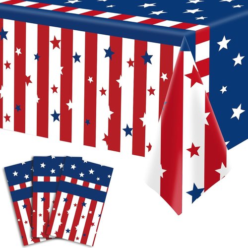 American Flag Tablecloth - 3-Piece Disposable 54 x 108 Inch Stars and Stripes Design for Patriotic Events