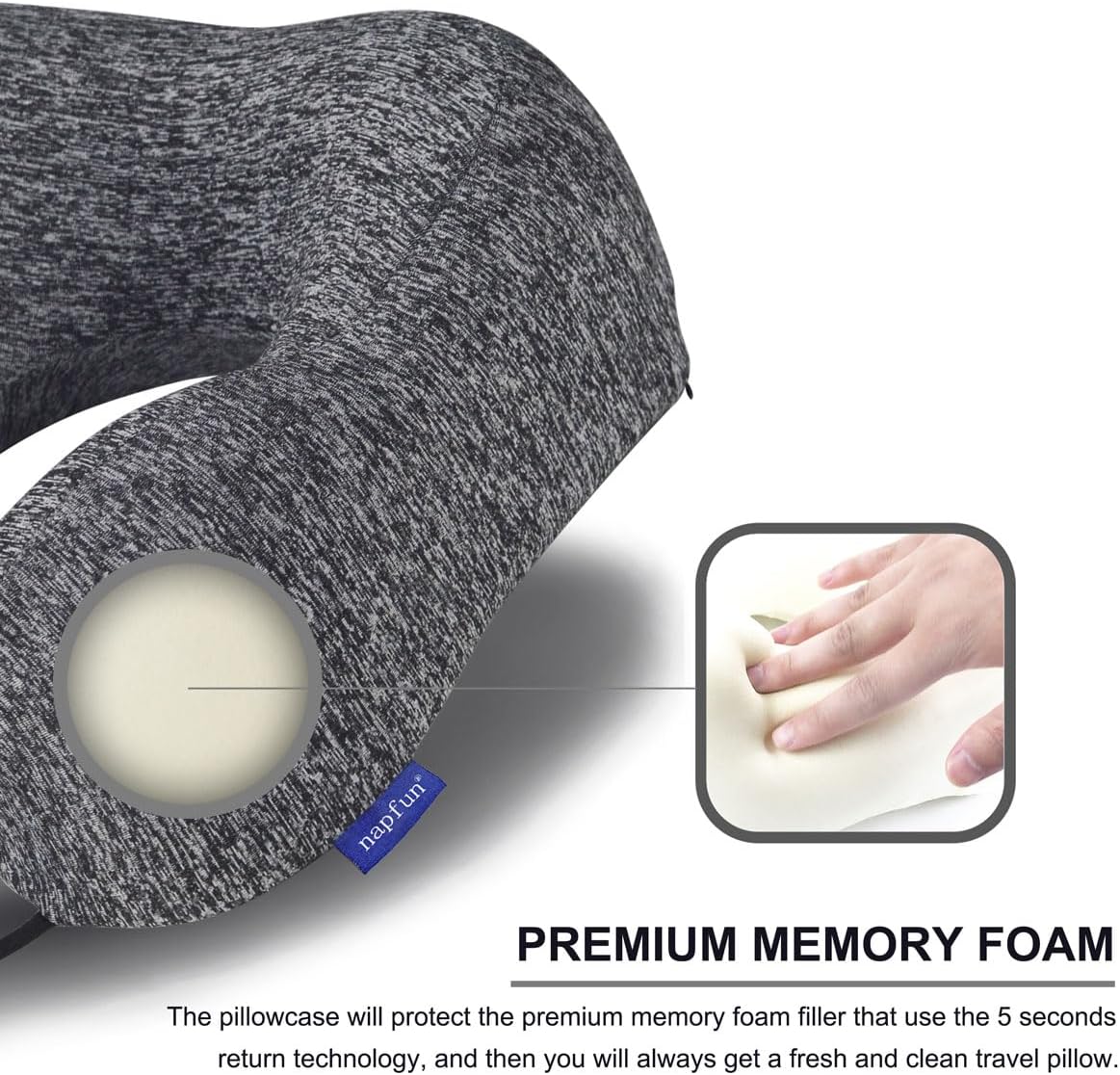 Napfun Travel Neck Pillow - Upgraded 100% Pure Memory Foam for Ultimate Comfort | Portable Grey Headrest