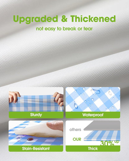 Pureegg Disposable Plastic Tablecloths - 8 Pack, 54 x 108 Inch, Leakproof Blue & White Gingham Design