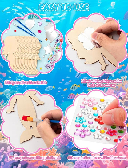 Mermaid Variation 16Pcs Wooden Princess Mirror Craft Party Favors for Kids DIY Decorate