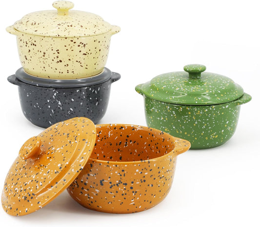Skiennix Ceramic Mini Cocotte Set - 10 Oz Individual Casserole Dishes with Handles & Lid | Assorted Colors