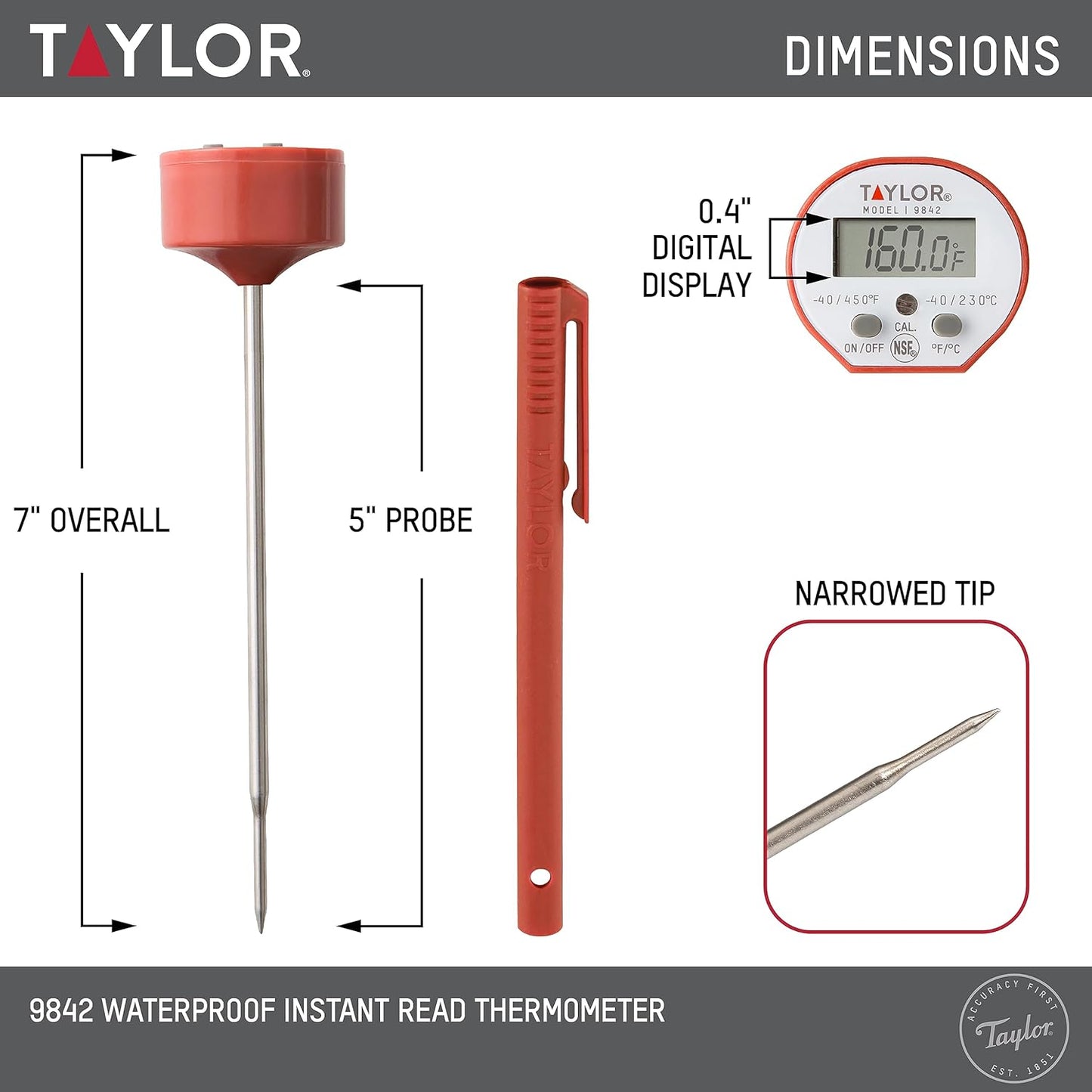Taylor Waterproof Digital Instant Read Thermometer - Perfect for Cooking, BBQ, and Grilling | Red with Pocket Sleeve Clip