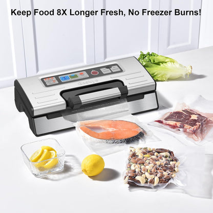 Precision Vacuum Sealer Machine by [Brand Name] - Double Heat Seal for Dry & Moist Food, Easy-Lock Handle, Built-in Bag Storage, Silver