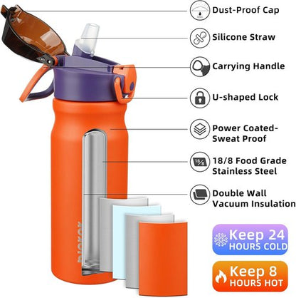 BJPKPK Insulated Water Bottle - 18oz Stainless Steel Flask with Straw & Carry Handle | Orange