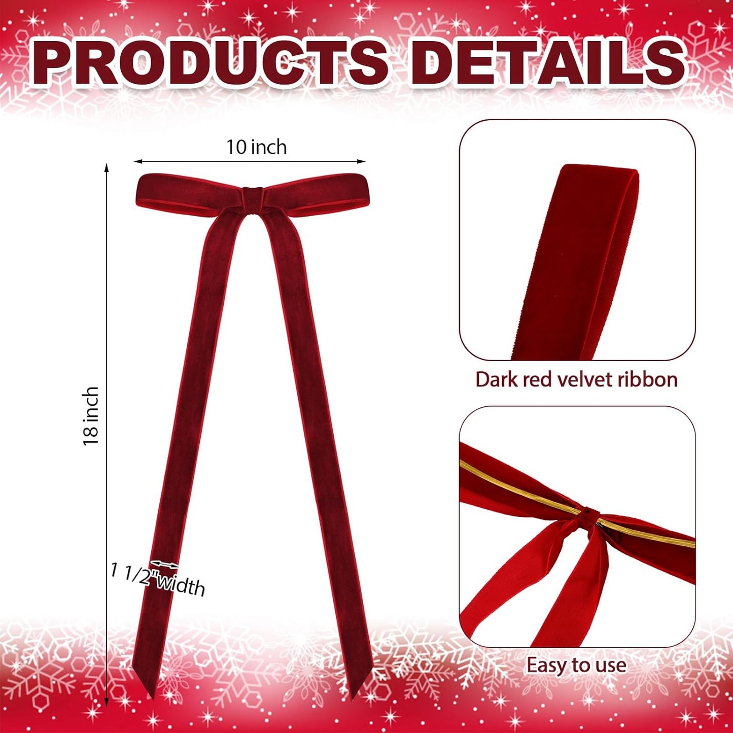 Skiennix Velvet Bows - 24 Pcs Vintage Ribbon Bows for Christmas Tree & Crafts | Dark Red, 10 x 18 Inch