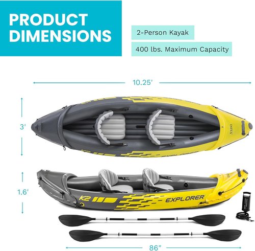 Intex Explorer K2 Inflatable Kayak Set - 2-Person with Adjustable Seats & Deluxe Oars | 400lb Capacity