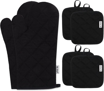 Skiennix Oven Mitts Set - 6 Pcs High Heat Resistant Extra Thick Potholders | Black Recycled Cotton