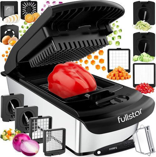 Fullstar Vegetable Chopper & Spiralizer - 9-in-1 Food Chopper with Container, Kitchen Essential in Stainless Steel Black