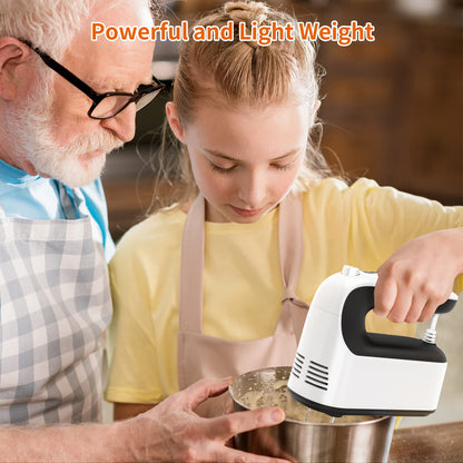 Yomelo 9-Speed Digital Hand Mixer Electric, 400W Powerful DC Motor, Baking Mixer Handheld with Snap-On Storage Case, 5 Stainless Steel Accessories, Flat Beaters, Dough Hooks, Whisk (White & Black)