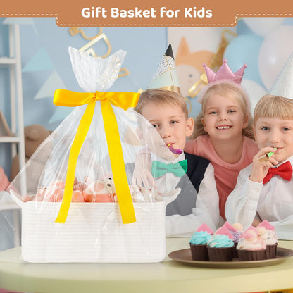 OIASKET Large Empty Gift Baskets for Baby Shower, 16.5" L x 12.6" W x 7" H Cute Woven Storage Basket with Gift Bags and Ribbons, Small Rope Toy Basket with Handles, Cat Dog Pet Toy Organizer - White
