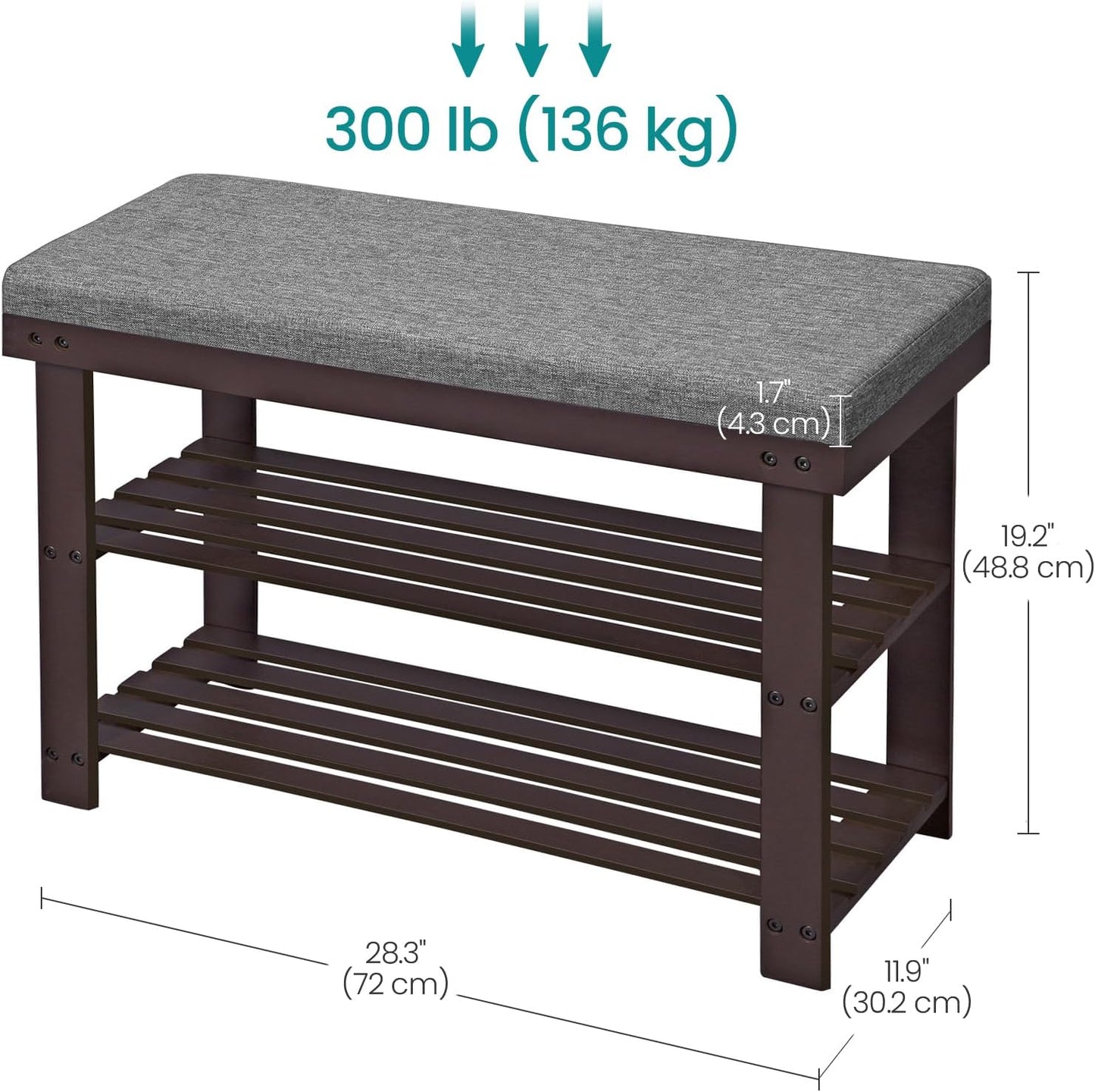 SONGMICS Bamboo Shoe Bench - 3-Tier Shoe Rack Organizer for Entryway | Holds Up to 300 lb, Rustic Walnut & Slate Gray, 11.9 x 28.3 x 19.2 Inches