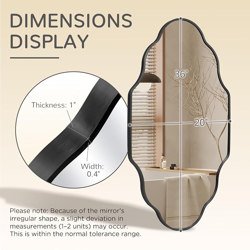 Scalloped Black Bathroom Mirror - 20"L x 36"W, Irregular Wall Decor (1 Pack)