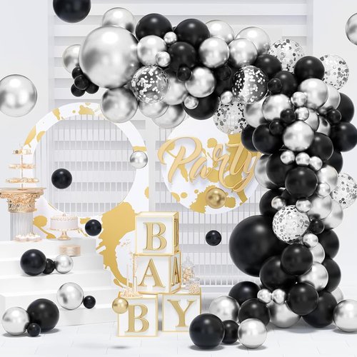 100pcs Metallic Black & Silver Balloons - 12 Inch Latex Party Decorations for Birthdays & Events