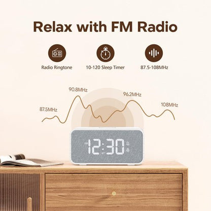 ANJANK Wooden Alarm Clock Radio with Bluetooth Speaker, Wireless Charging Station for iPhone/Samsung, Dual Alarms, Auto-sync Time, 0-100% Dimmer, Digital Clock for Bedrooms Bedside Desk