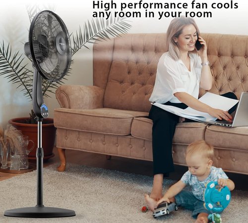 Air Monster 16" Oscillating Pedestal Fan - Ultra Powerful, Quiet, Adjustable Height, Remote Control, Black