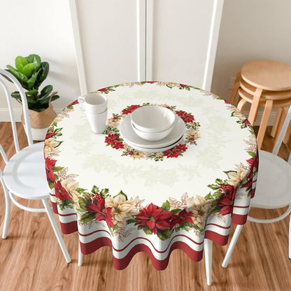 60-Inch Round Christmas Tablecloth with Winter Floral Leaves - Aytipun