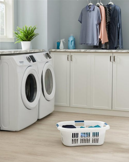 Rubbermaid Large Hip-Hugger Laundry Basket/Hamper, 1.5-Bushel, White, Stackable Storage Bin/Organizer for Bathroom/Bedroom/Dorm/Home