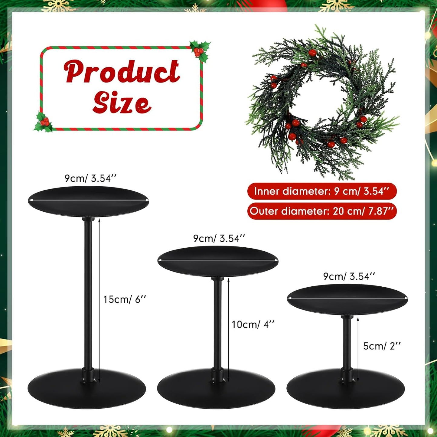 Baderke Christmas Candle Holders Set - 3 Sizes with Artificial Wreath & Red Berry Pine Garland Decor