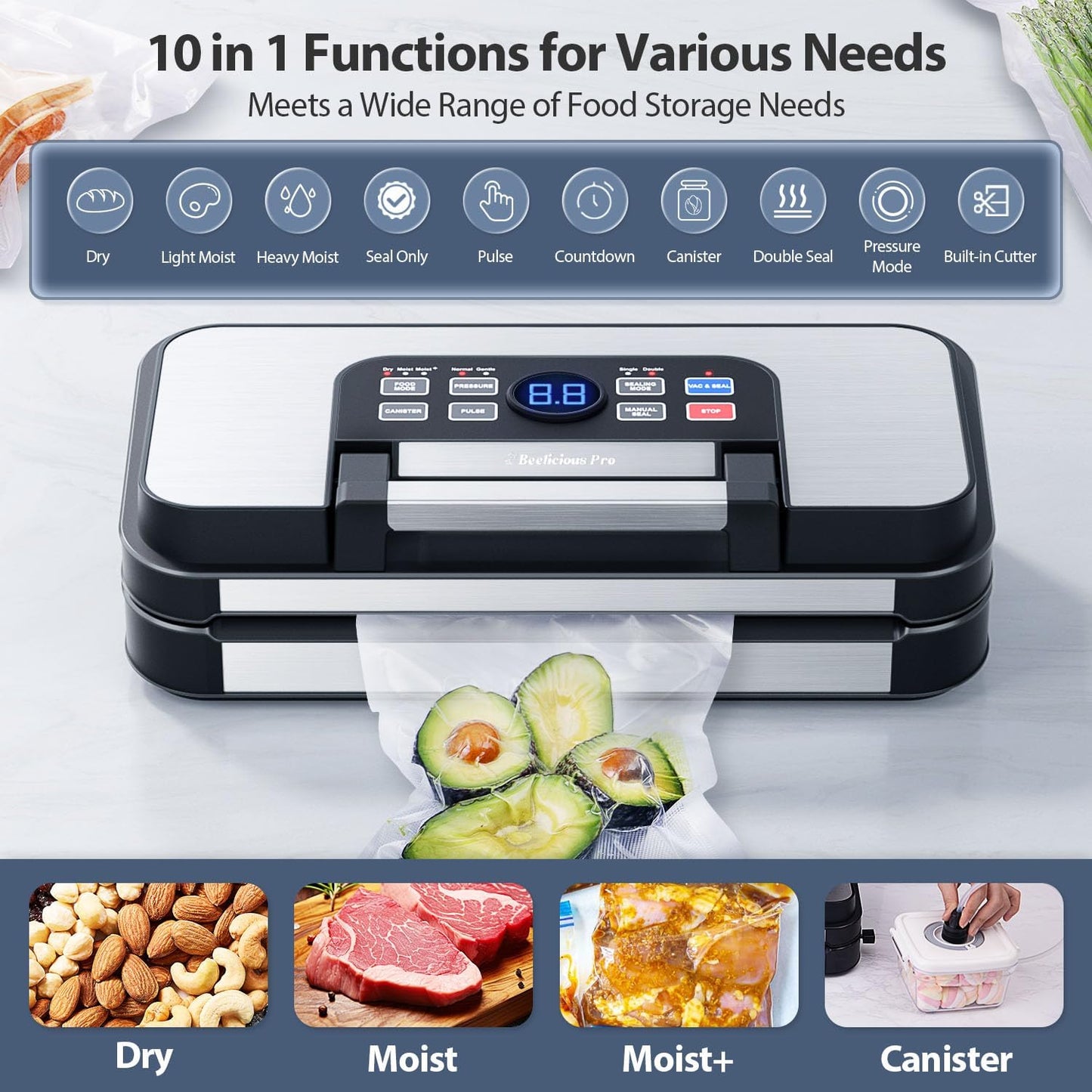 Precision Pro Vacuum Sealer by 95Kpa - Powerful Double Heat Seal & Pump | 10-in-1 Food Storage Machine, Blue