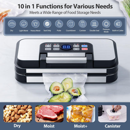 Precision Pro Vacuum Sealer by 95Kpa - Powerful Double Heat Seal & Pump | 10-in-1 Food Storage Machine, Blue