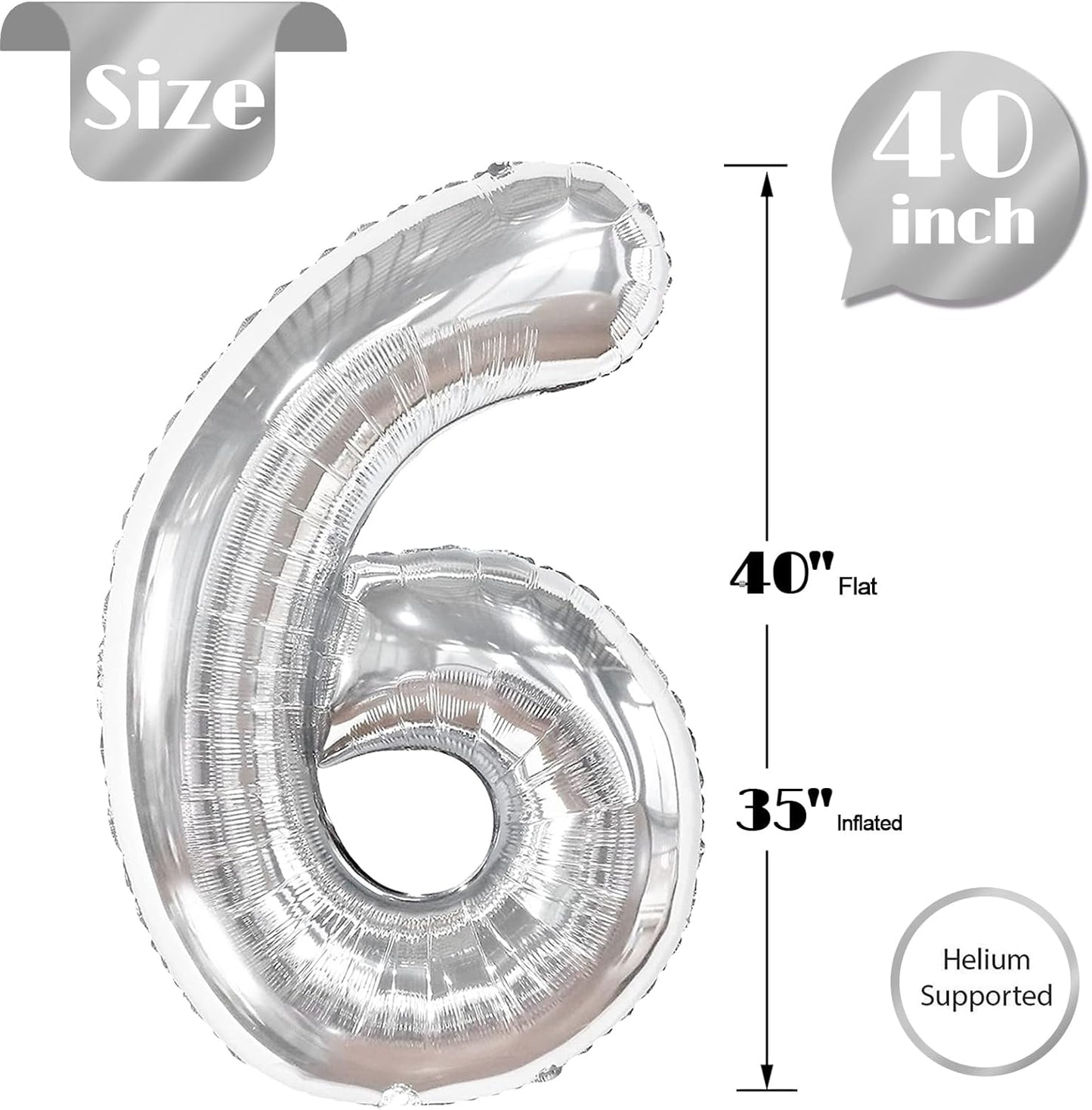 Silver Number 6 Balloon - 40 Inch Birthday Decoration for 6th Birthday Parties | Premium Party Supplies