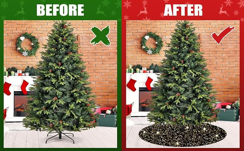 Black and Gold Sequin Christmas Tree Skirt 36 Inch Velvet Holiday Decor