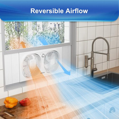 shinic 9" Twin Window Fan with 180°+90° Rotatable Fans, 2-Speeds, Vertical Window Fan with Rigid & Accordion Expanders, Width Adjustable (21.65" to 33.27"), Ideal for Home, Kitchen, Bedroom, Office