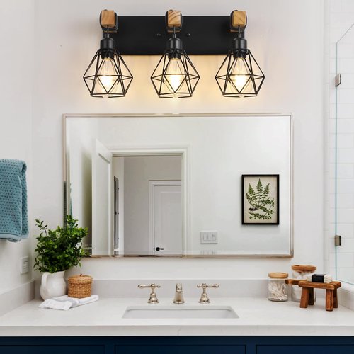 Farmhouse Vanity Light for Bathroom, 3-Light Wood Bathroom Vanity Light Fixtures Over Mirror, Rustic Sconces Wall Lighting with Metal Lampshade for Living Room, Bedroom, Hallway