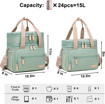 Weitars Insulated Lunch Box | Waterproof Dual Compartment Tote Cooler Bag (15L) - Green