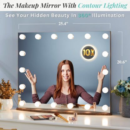 LUXFURNI Vanity Mirror with Makeup Lights, Large Hollywood Light up Mirrors w/ 18 LED Bulbs Tabletop & Wall Mounted (26Lx21W, Rustic Brown)