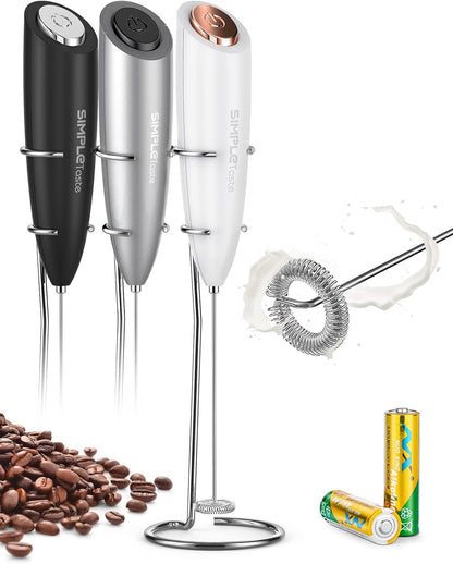 SimpleTaste Milk Frother - Handheld Electric Foam Maker with Stainless Steel Whisk | White, Battery Operated