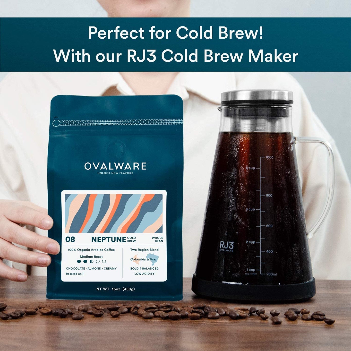 OVALWARE 08 Neptune - Cold Brew, Organic Medium Roast Whole Coffee Bean, Colombia and Brazil Blend (1lb / 16oz)