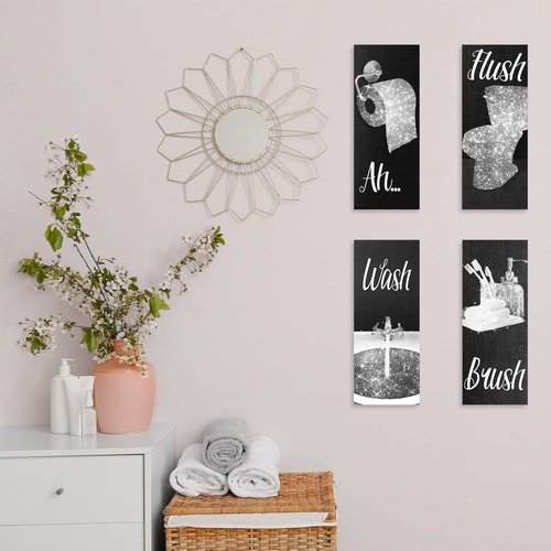 Chinco Funny Bathroom Wall Art | 4-Piece Modern Decor Set | Glam Wood Hanging Decorations (Black & White)