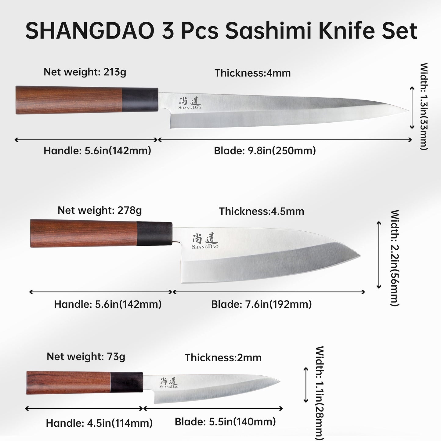 SHANGDAO Japanese Kitchen Knife Set, 3 Piece Sushi Chef Knife, 10”Yanagiba-7”Deba-5”Utility Kitchen Knife Cooking Knives, Premium German Stainless Steel & Traditional Wooden Handle, Gift Box