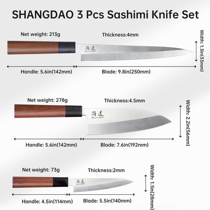 SHANGDAO Japanese Kitchen Knife Set, 3 Piece Sushi Chef Knife, 10”Yanagiba-7”Deba-5”Utility Kitchen Knife Cooking Knives, Premium German Stainless Steel & Traditional Wooden Handle, Gift Box