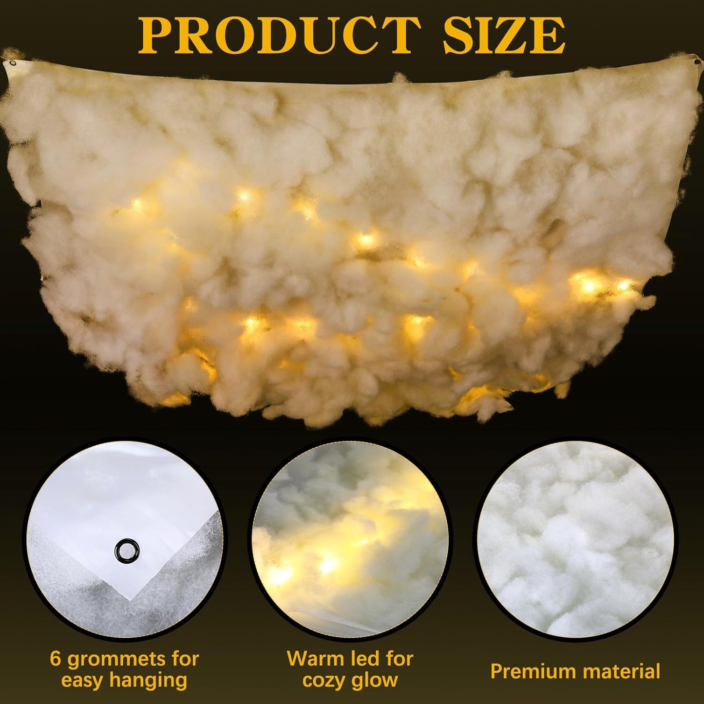 Suncalla Artificial Cloud Props - 3D Imitation Cotton Hanging Decoration with LED String Lights | 3x4.3 ft for Parties & Events