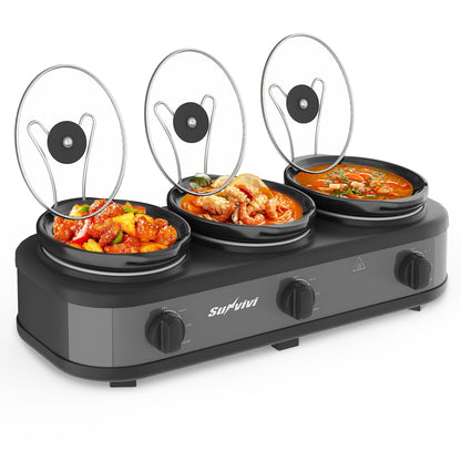 SUNVIVIPRO Triple Slow Cooker, Buffet Food Warmer with three 1.5-Quart Removable Ceramic Pots, Buffet Servers and Warmers with Glass Lids and 3 Spoons, Stainless Steel,Grey