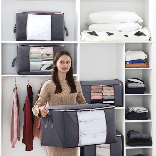 Lifewit 90L Clothes Storage Bins - 3 Pack Foldable Bags with Lids, Clear Window & Reinforced Handles