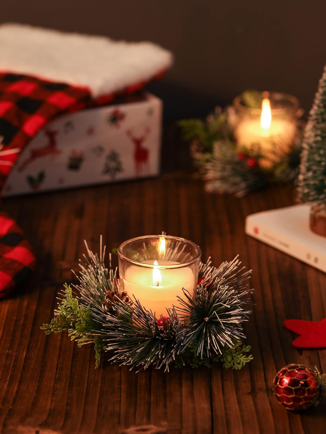 Regine Switzerland Christmas Candle Ring Set - 4 Pcs Votive Candles with Red Berry & Pinecone | Holiday Table Centerpiece Decor